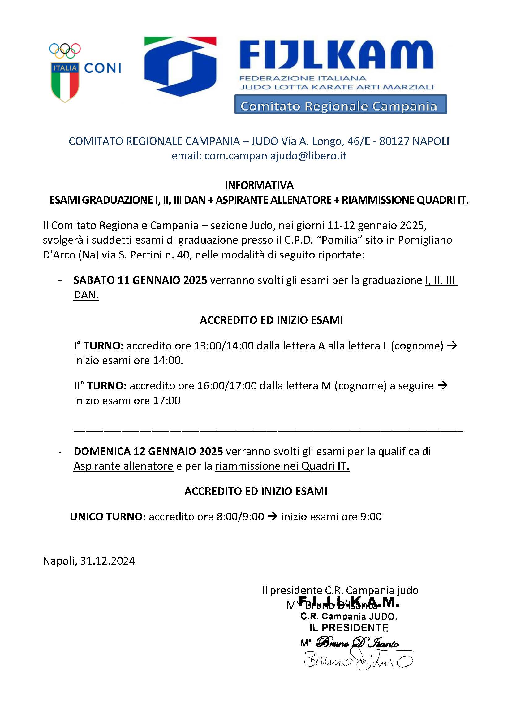 informativa esami CRC JUDO 11 12 Gennaio 2025