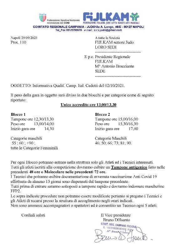 Info Qualif.Camp. Ital. cadetti del 2 Ottobre 2021