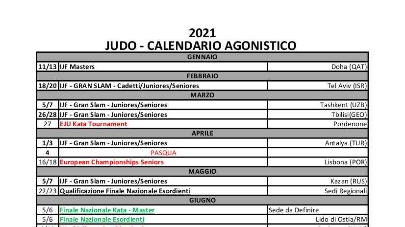 Judo - Calendario Agonistico 2021