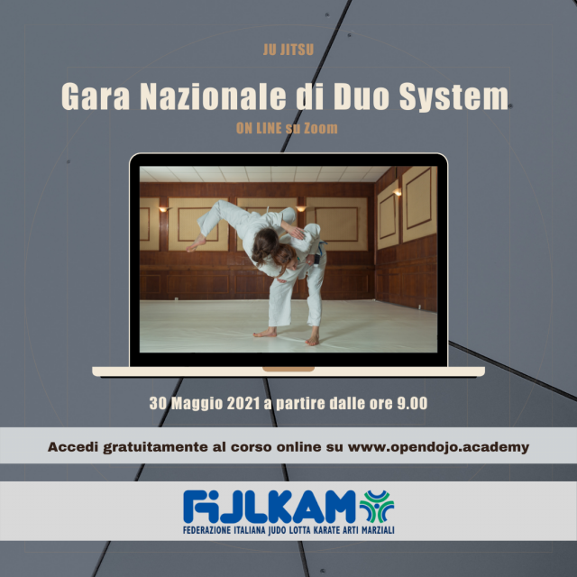 Locandina della gara nazionale di ju jitsu duo system e link al sito del corso gratuito